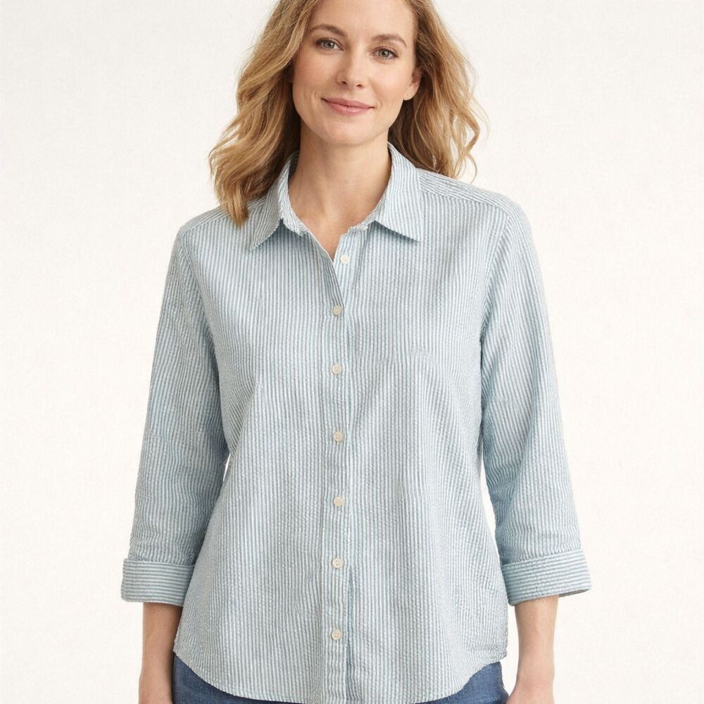 LL Bean Vacationland Seersucker Button Up Shirt Women Sz M Teal/White 3/4 Sleeve